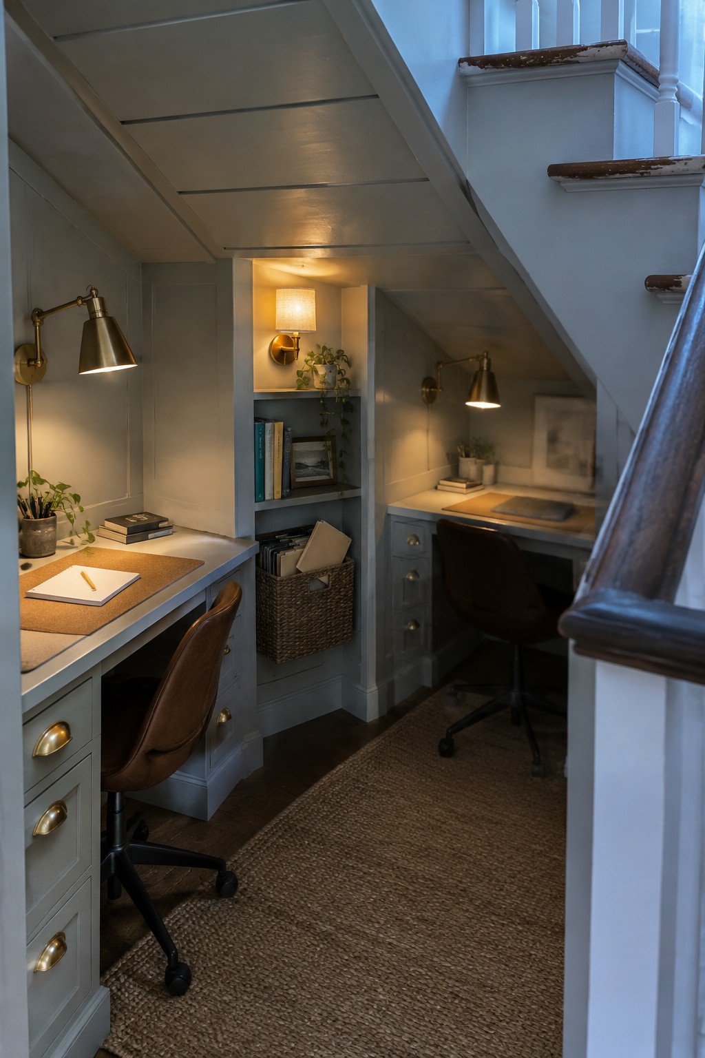 A narrow interior space under a staircase with two built-in desks, each fitted with a brown leather office chair and brass wall lamp, plus open shelving and a woven rug on the floor.