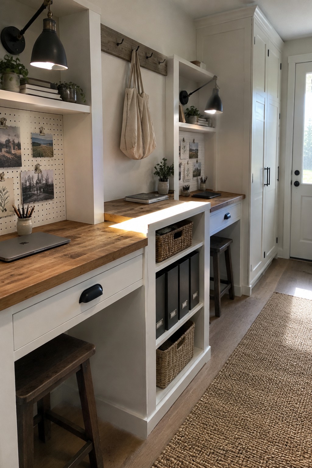 A built-in white desk with two workstations separated by a central open shelving unit holding black binders and woven baskets, wooden countertops, stools, and pegboards on the wall.