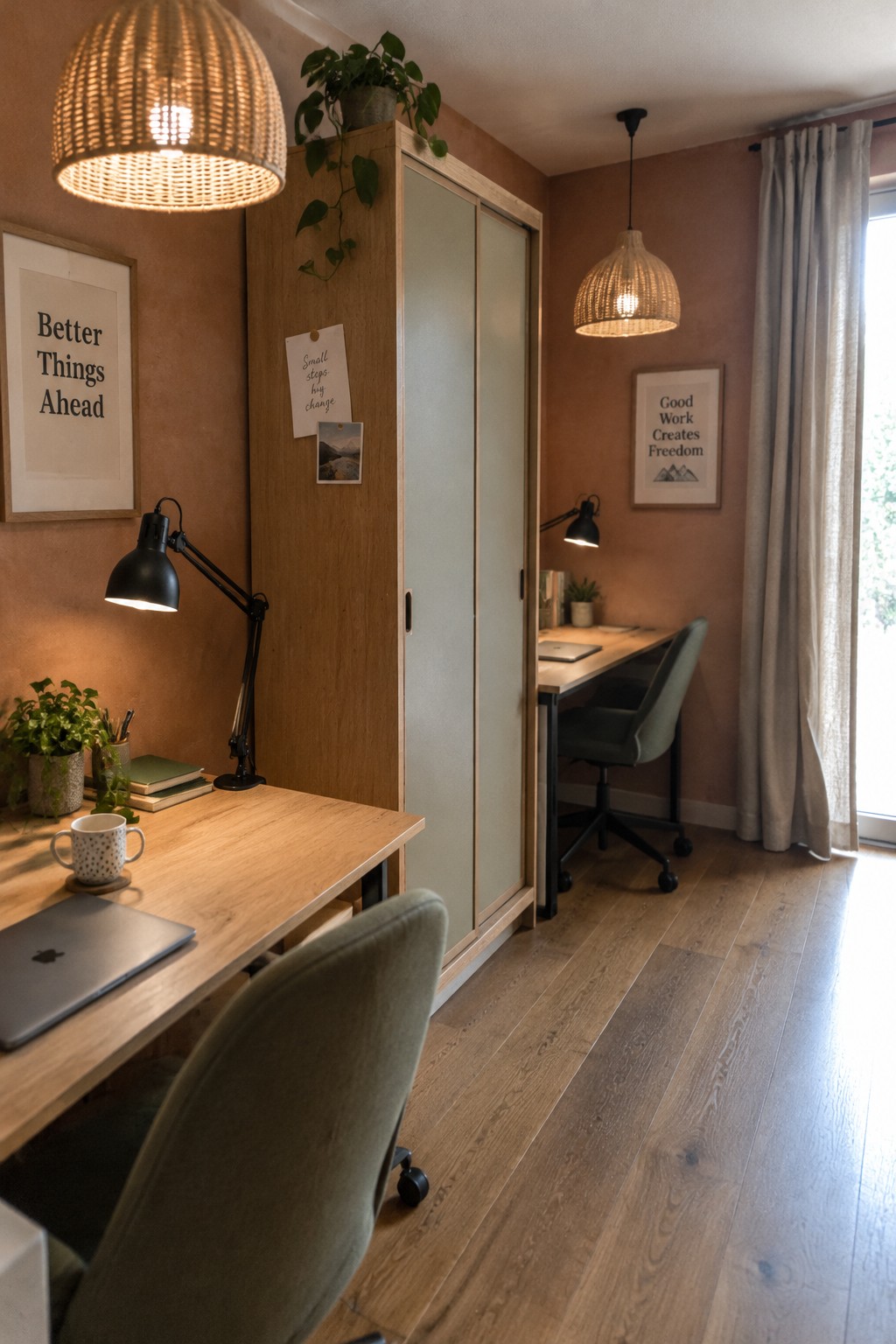 Stylish home office with wooden desks, green chairs, woven lamps, and potted plants.
