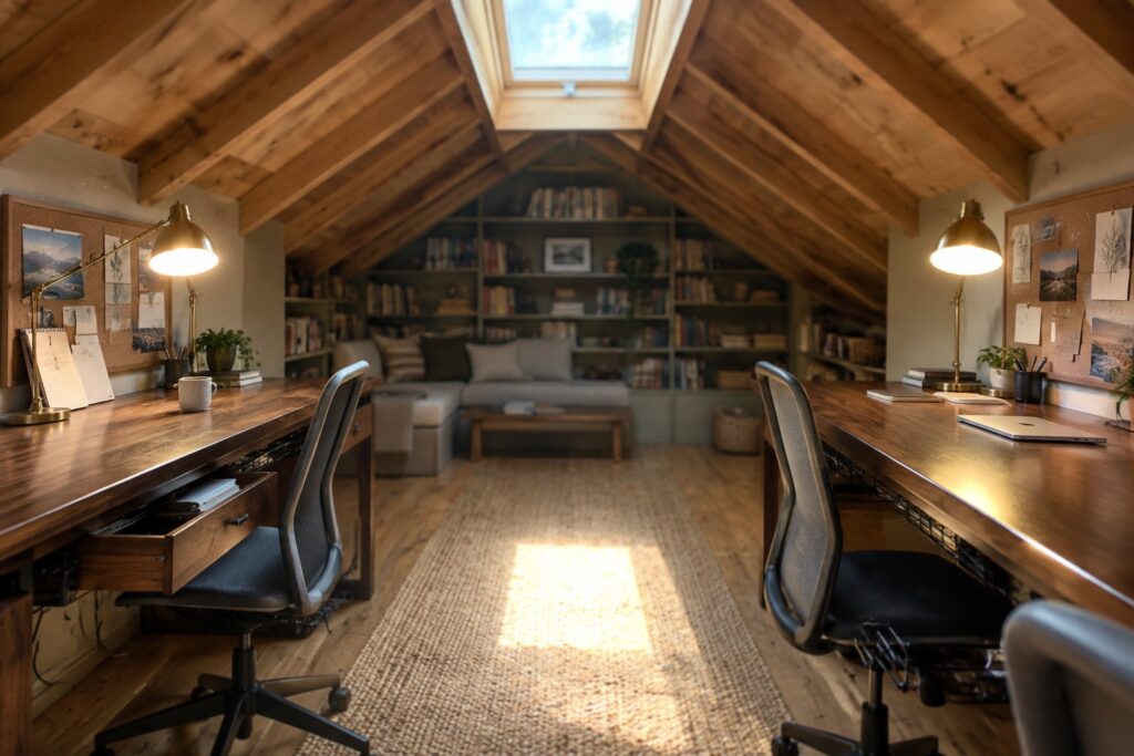 An attic room with two parallel wooden desks facing each other along a central woven rug, each desk with an office chair and desk lamp, built-in bookshelves and a sofa at the far end, and a skylight above.