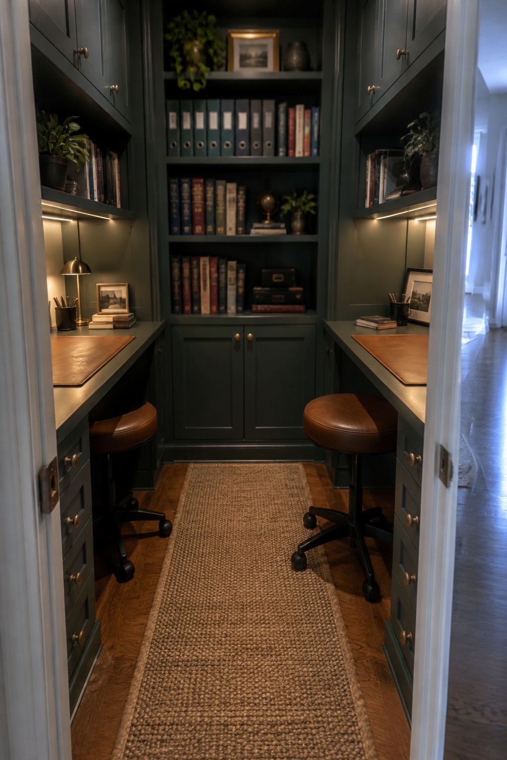 Narrow home office with dark green built-in desks and cabinets along both walls, brown leather desk pads, stools, and upper bookshelves filled with books and binders.