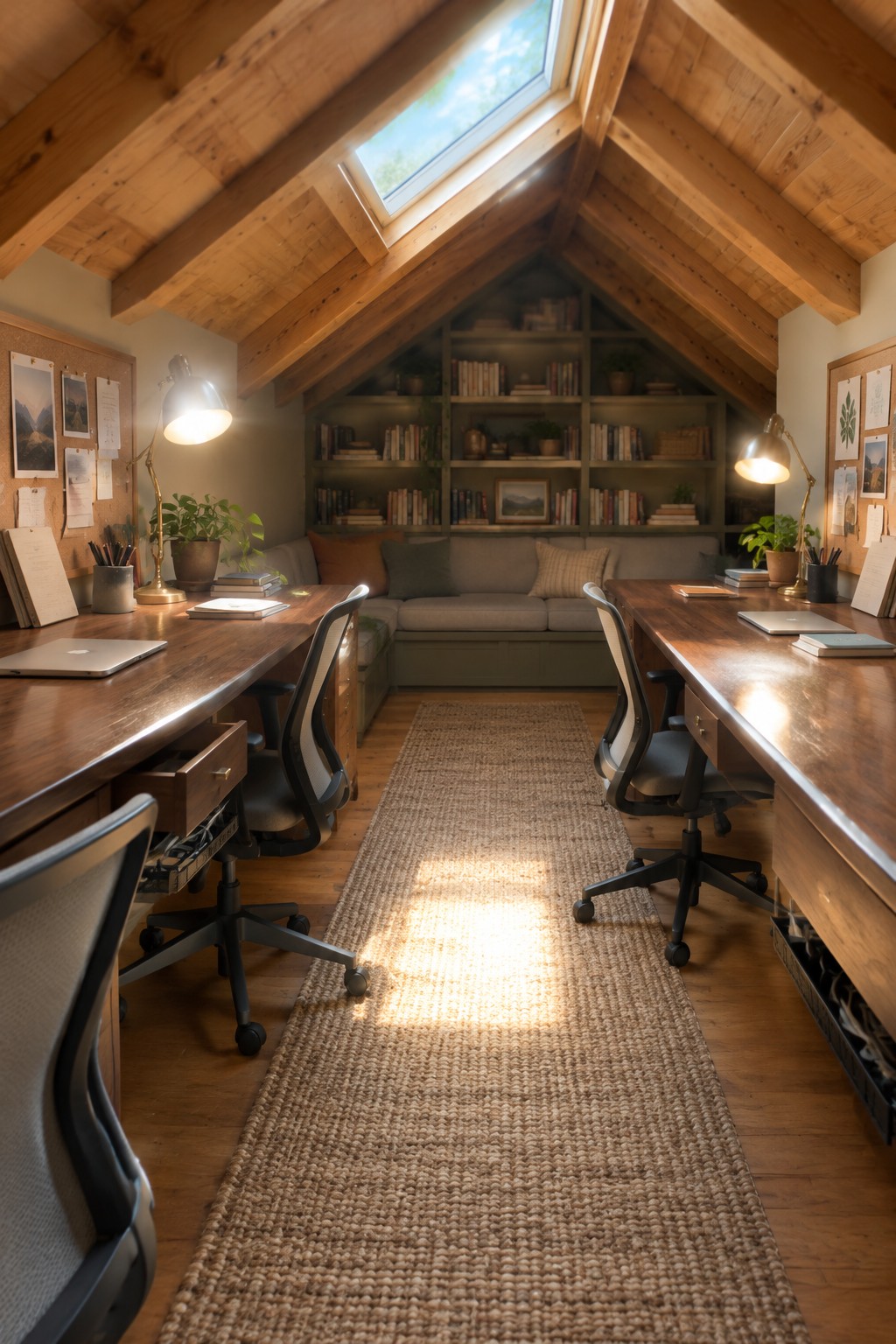 An attic room with two parallel wooden desks facing each other along a central woven rug, each desk with an office chair and desk lamp, built-in bookshelves and a sofa at the far end, and a skylight above.