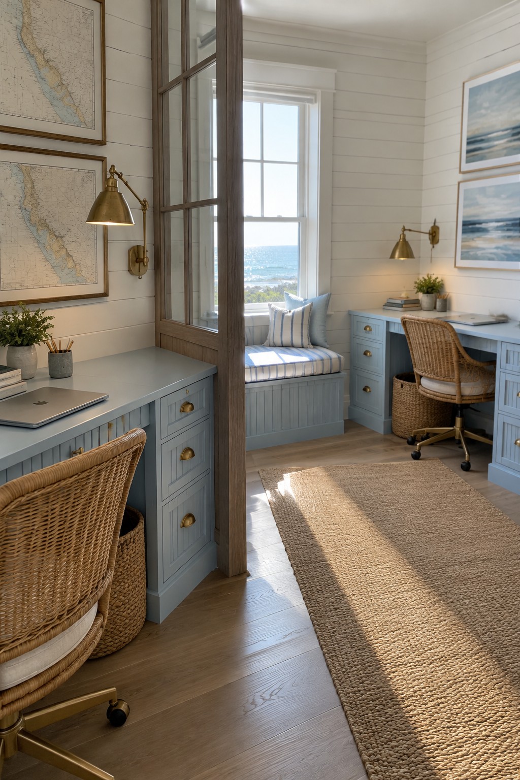 Two light blue desks with woven chairs sit on either side of a window seat in a bright home office.