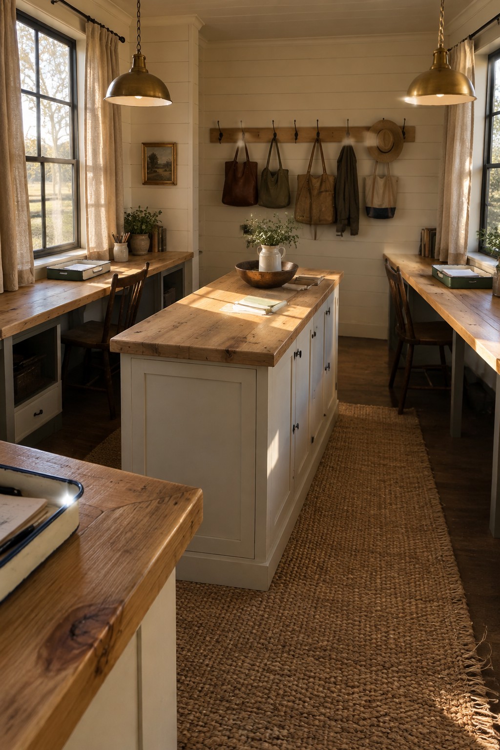 Rustic kitchen with wooden island, brass lights, wall hooks holding bags and hat, woven rug