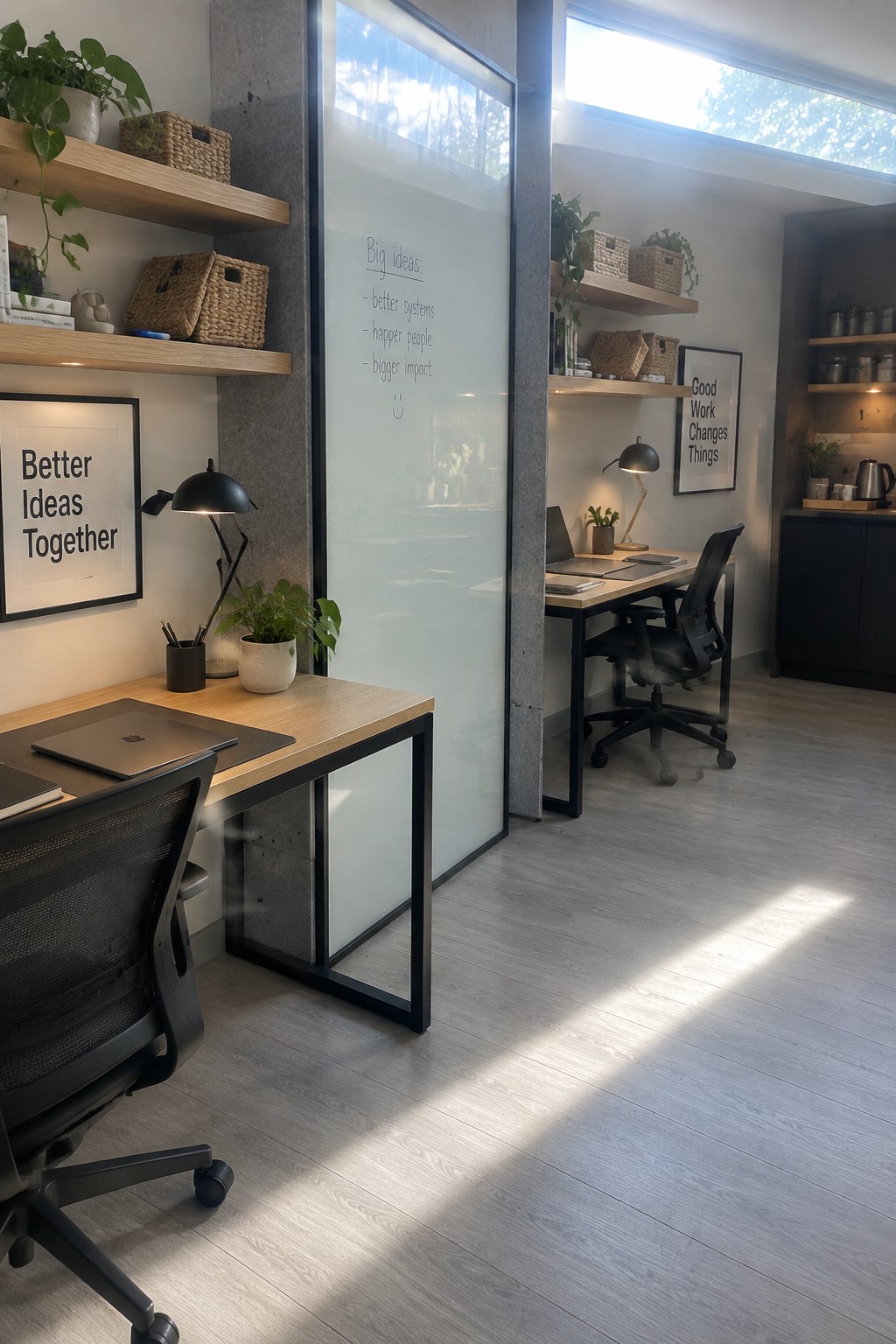 A shared home office with two wooden desks on either side of a frosted glass partition, each desk paired with a black office chair and desk lamp.