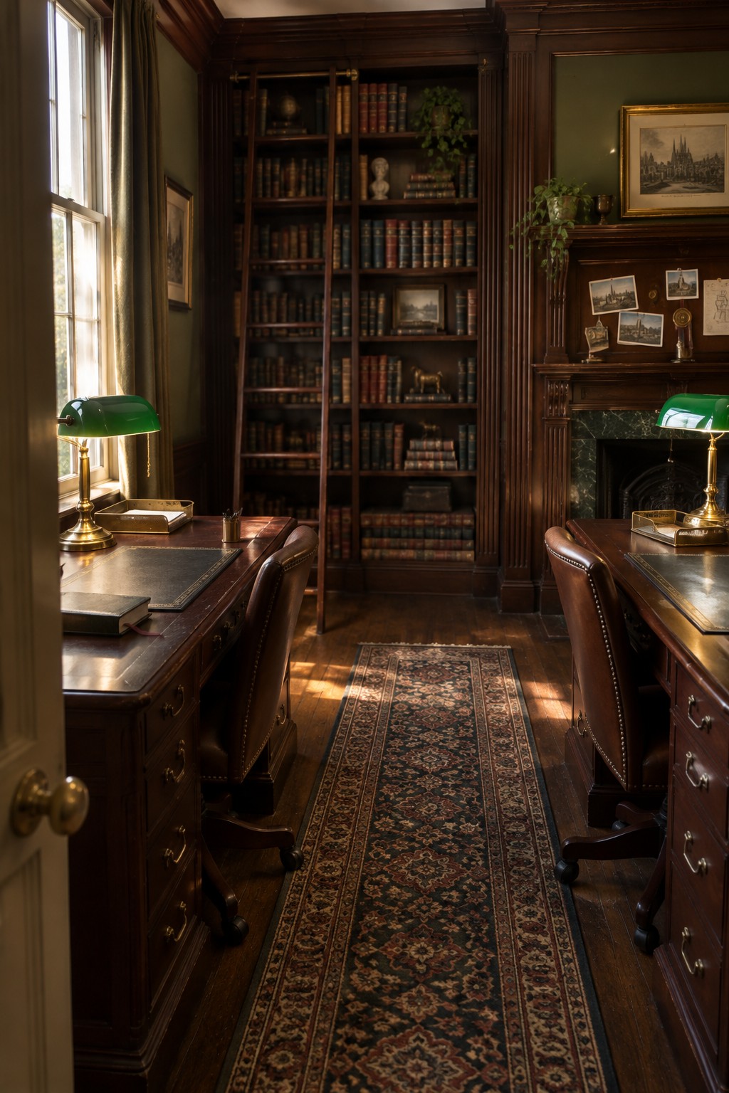 Classic dark-wood library with leather chairs, green lamps, bookshelves, and fireplace.