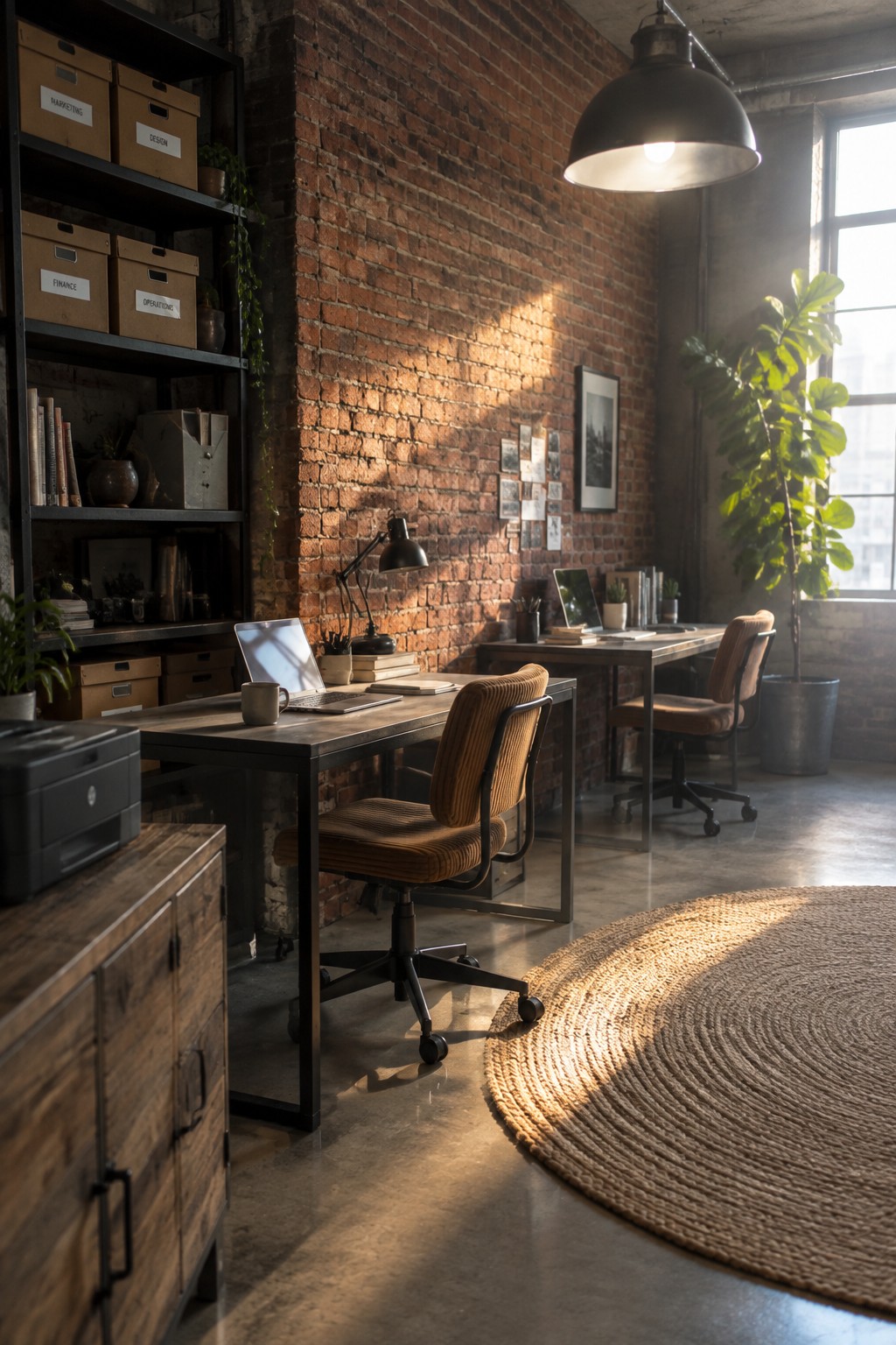 Sunlit industrial office with brick walls, wooden desks, brown chairs, and plants