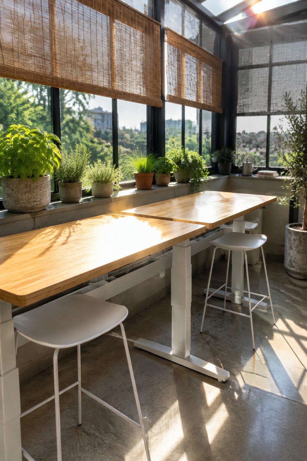 Modern sunroom with wooden tables, white stools, potted plants, and bamboo blinds.
