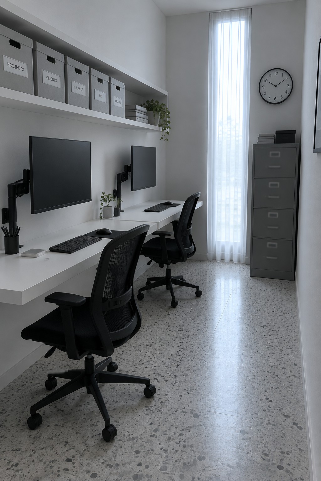 Minimalist office with two black ergonomic chairs, white desk, and mounted monitors.