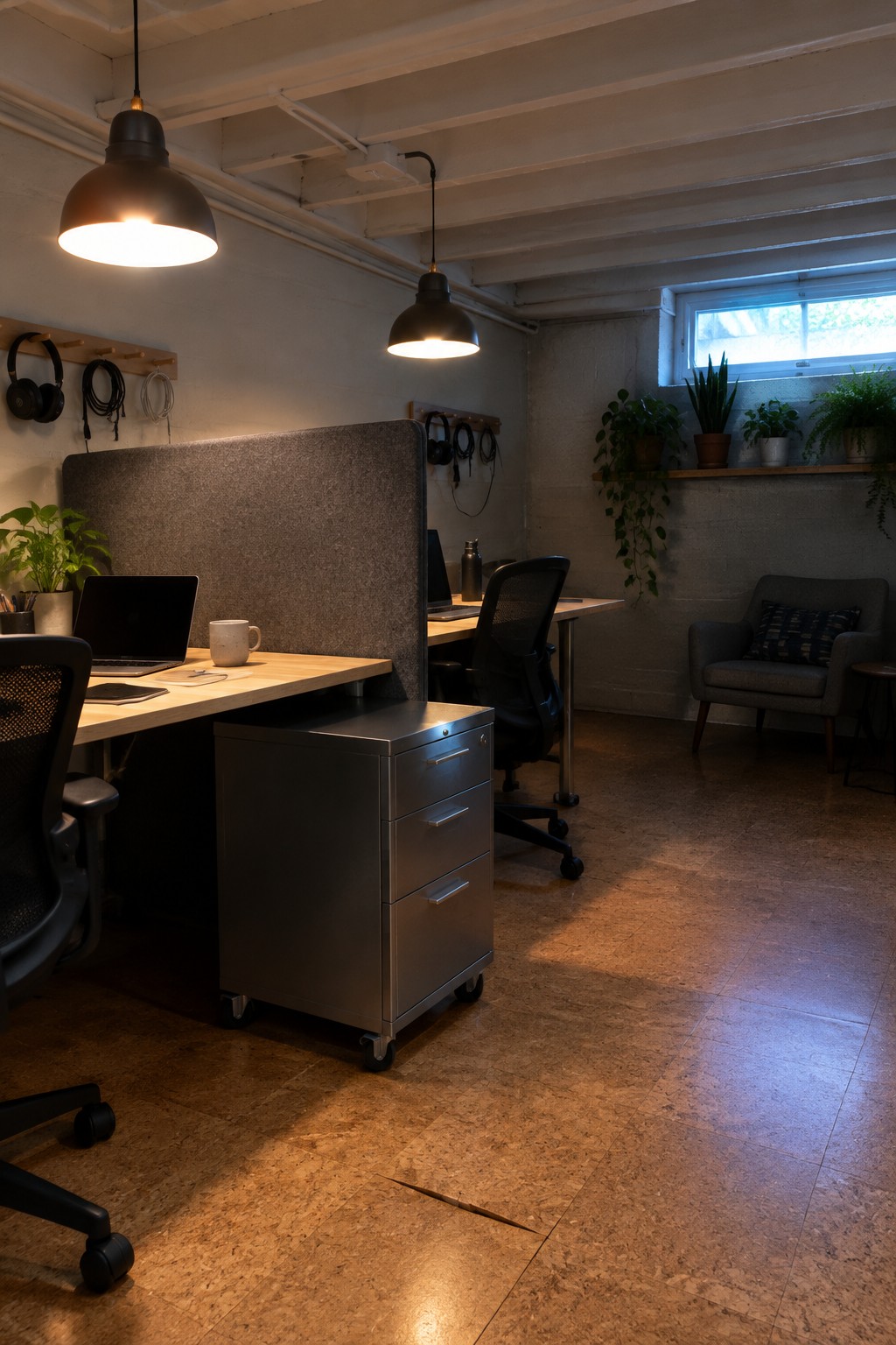 Modern office with wooden desks, black chairs, gray partition, pendant lights, and plants.