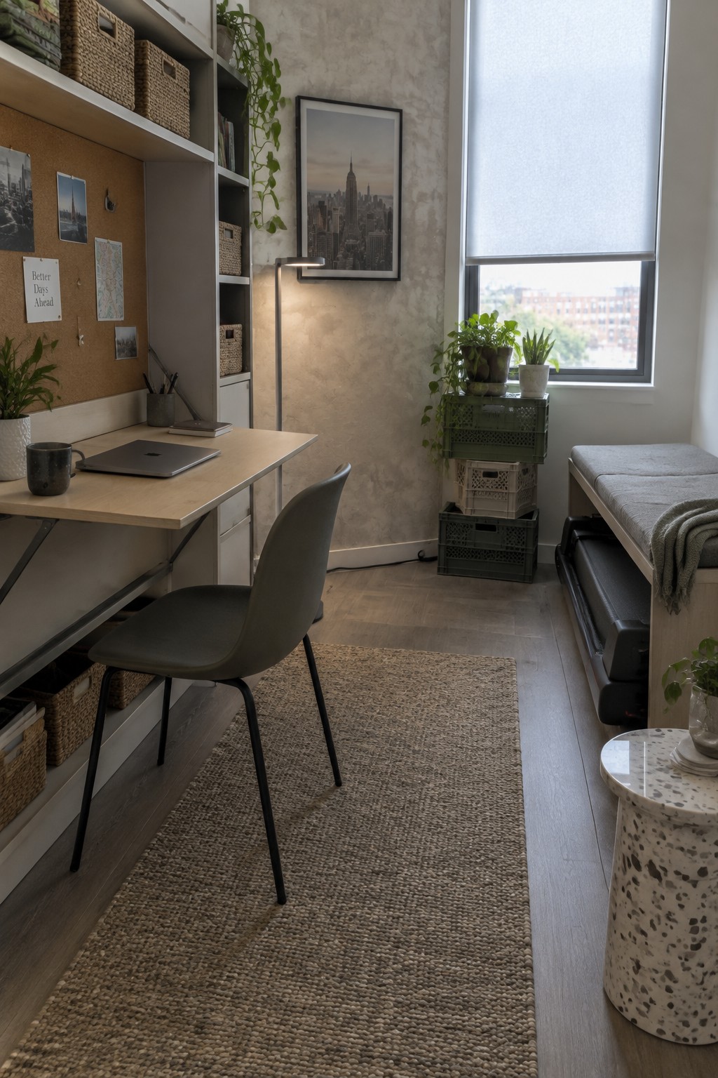 Cozy minimalist home office with wooden desk, gray chair, woven rug, and window