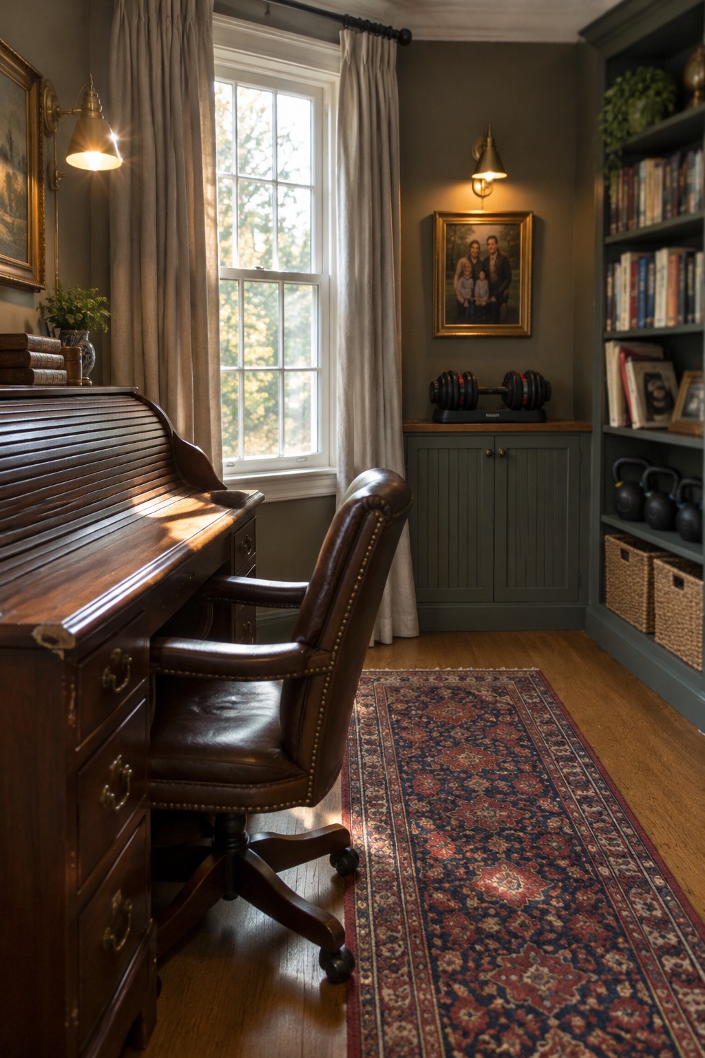 A home office interior showing a wooden roll top desk with a brown leather office chair on the left, a long red and blue patterned runner rug on hardwood flooring, and exercise equipment with a barbell and kettlebells stored along the right wall.