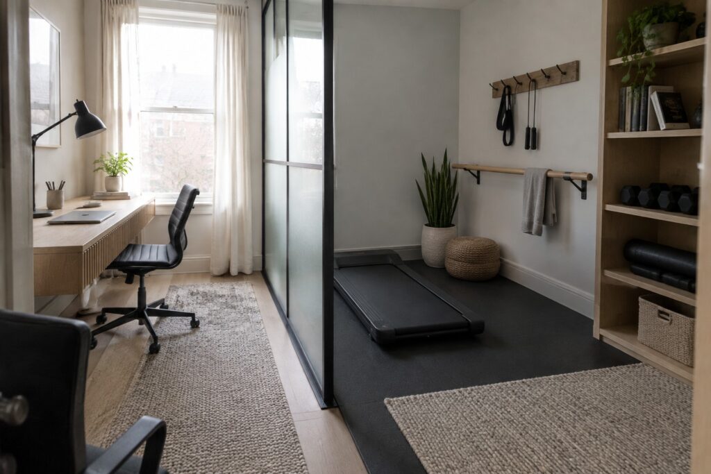 20 Home Office Gym Layouts With Distinct Work and Exercise Areas A narrow interior room divided by a sliding glass partition, with a desk and office chair on the left and a treadmill with shelves of weights on the right.