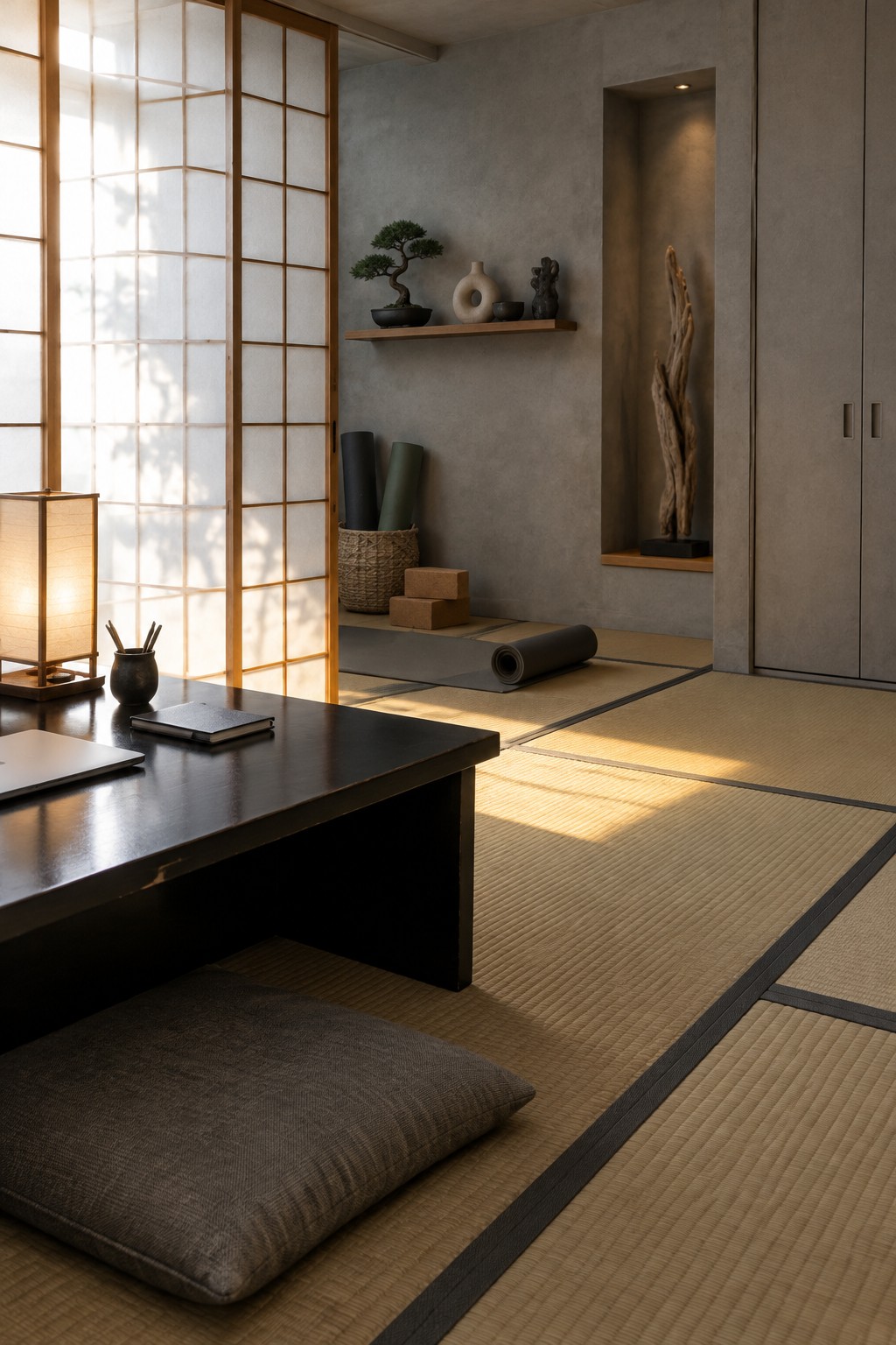 Sunlit Japanese room with tatami mats, low wooden table, shoji screen, and bonsai.
