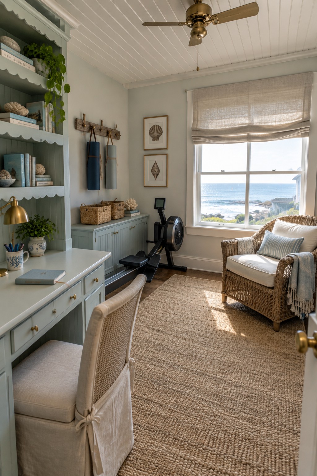 Coastal office with light blue desk, wicker chair, rowing machine, and ocean view.