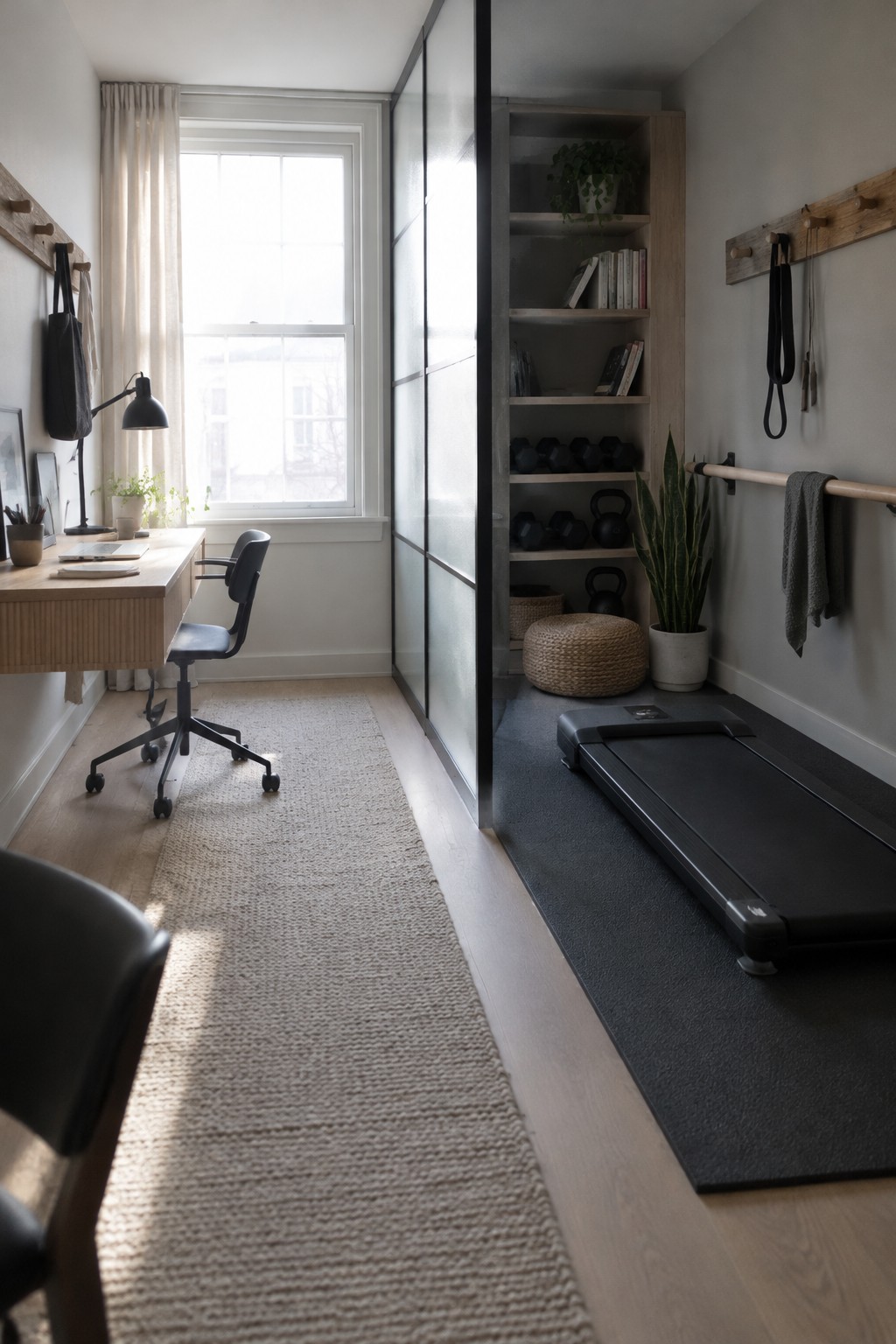 A narrow interior room divided by a sliding glass partition, with a desk and office chair on the left and a treadmill with shelves of weights on the right.