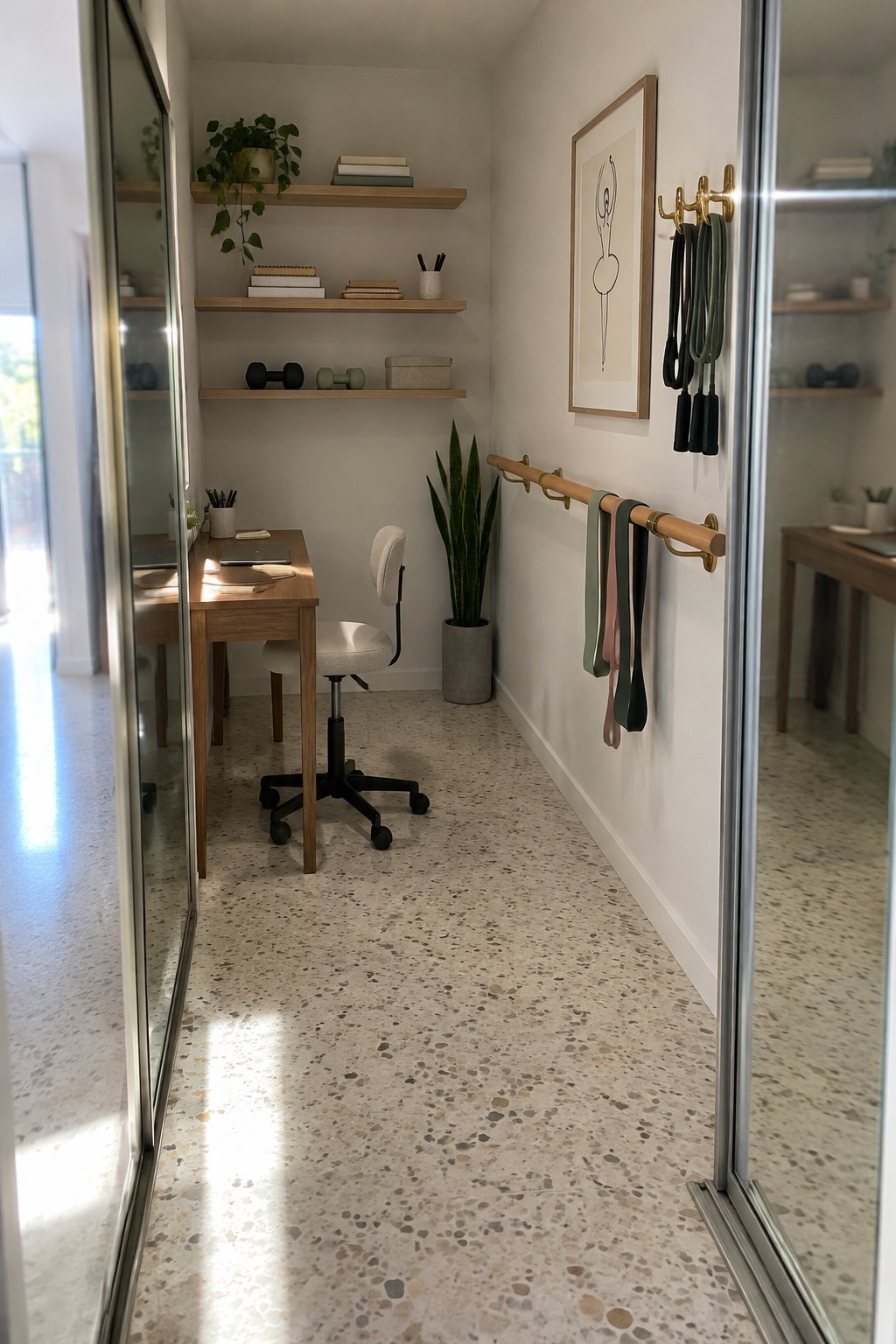Narrow modern office with wooden desk, chair, floating shelves, plants, and wall resistance bands.