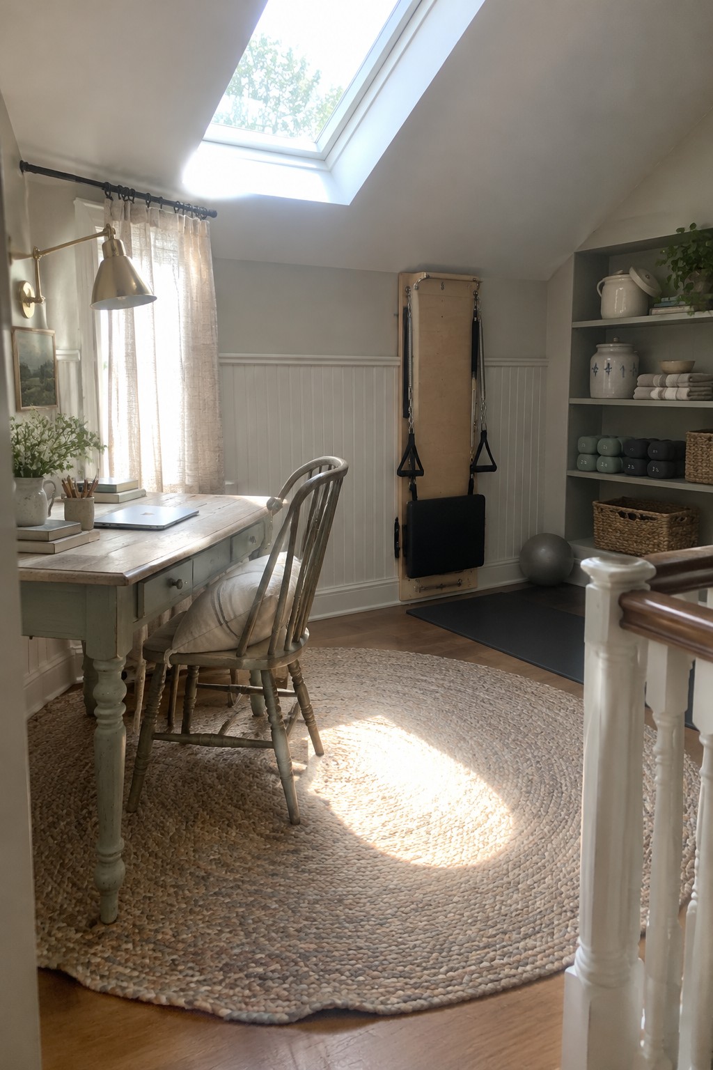 A light-filled room with a wooden desk and chair on a round woven rug, a wall-mounted Pilates reformer, and built-in shelves holding rolled yoga mats and exercise equipment.