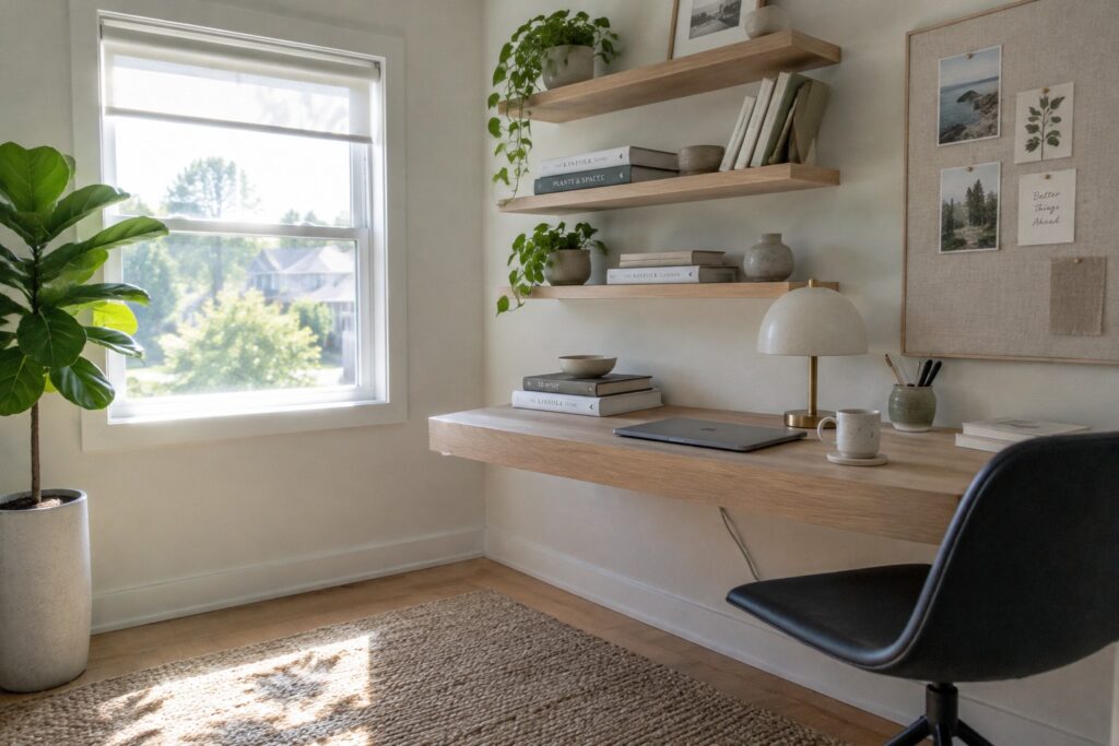 A home office with a light wood floating desk, matching floating shelves above holding books and plants, a black office chair, and a large window on the left.