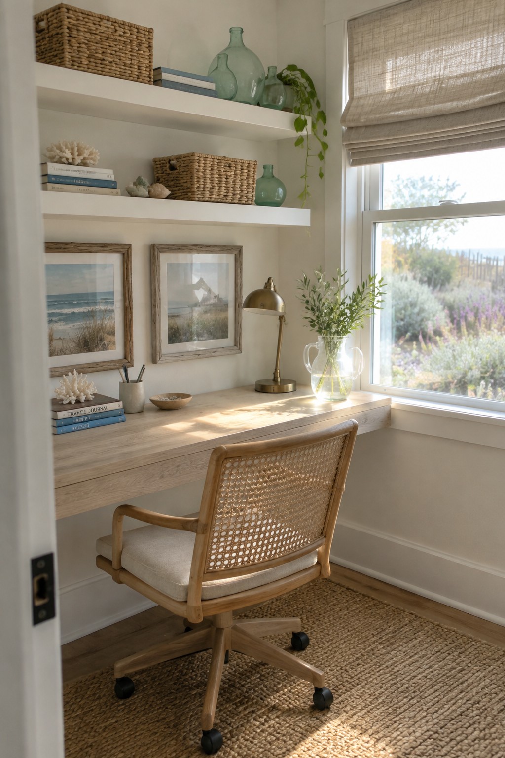 A light wood desk with a woven office chair sits below two white floating shelves holding books, woven baskets, glass bottles, and framed art, next to a window with a beige shade.