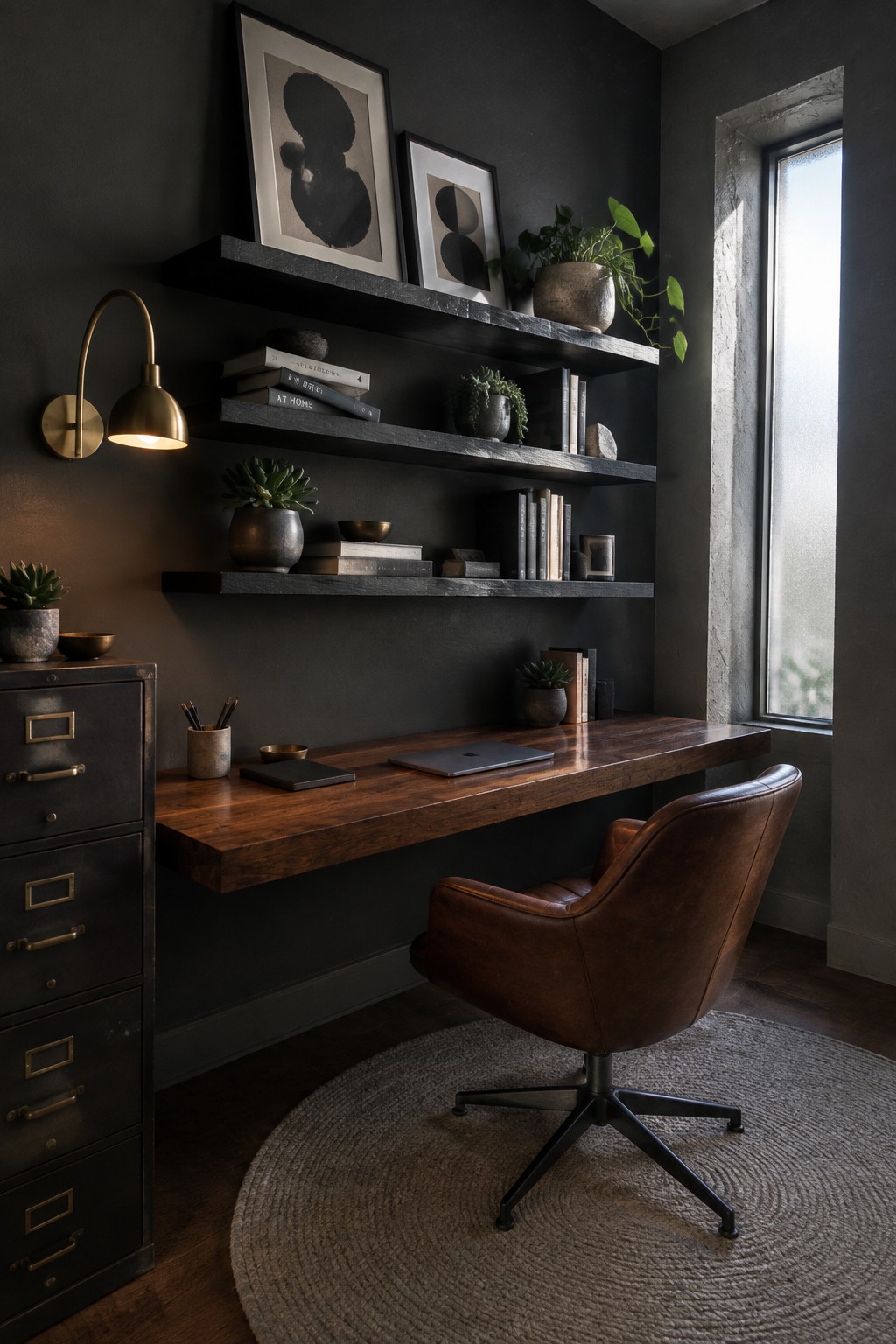 A home office with a floating wooden desk beneath three dark floating shelves holding books, plants, and framed art, a brown leather swivel chair on a round rug, and a tall window on the right.