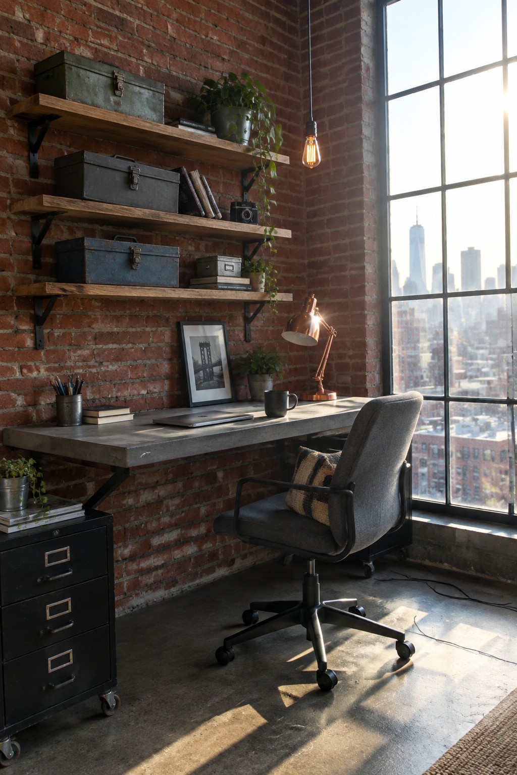 A modern home office featuring wooden floating shelves on a red brick wall above a concrete desk, with metal boxes, books, plants, a laptop, and a gray office chair positioned near a large window showing a city skyline.