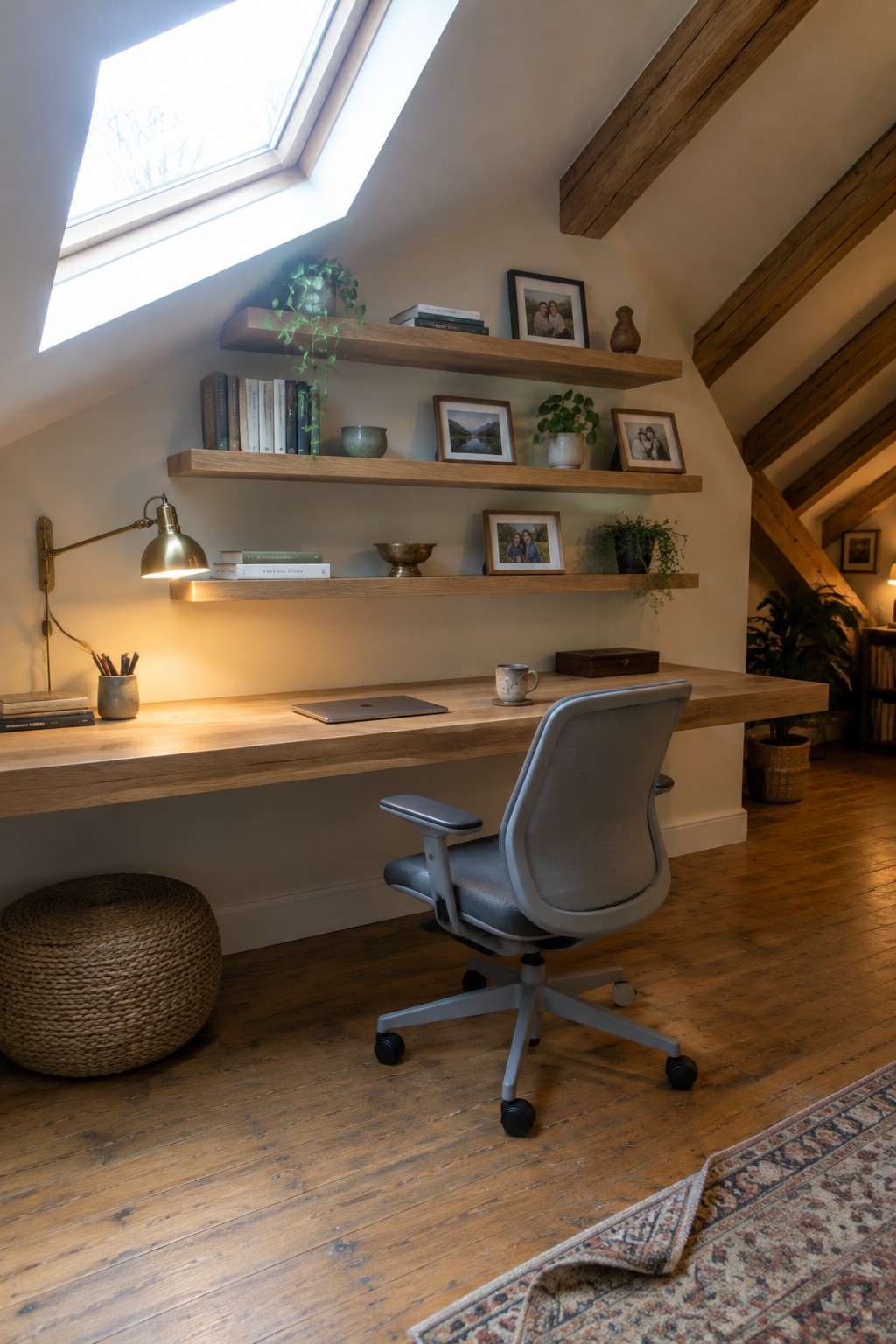 A home office with a wooden desk, floating wooden shelves above it holding books and framed photos, an office chair, and a skylight overhead.