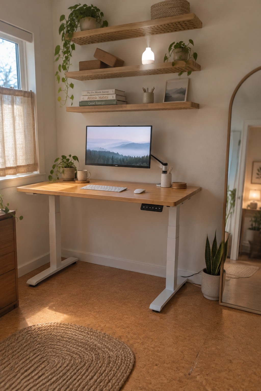 A home office featuring a light wood standing desk with a monitor, keyboard, and mouse, and three floating wooden shelves mounted on the wall above holding books, plants, and small decorative items.