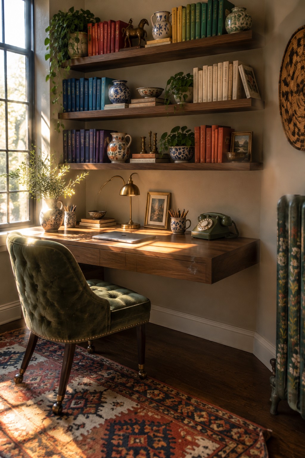 Cozy sunlit study with wooden desk, green velvet chair, bookshelves, and vintage phone.