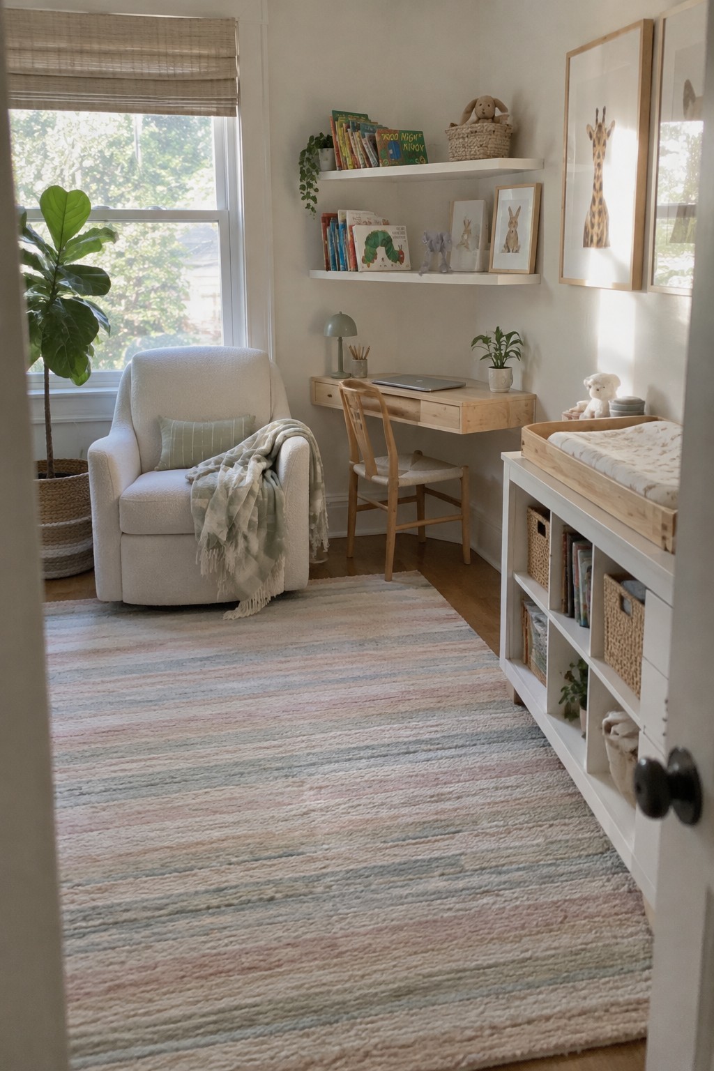 A corner room with a wooden desk under white floating shelves holding books and small decor items, a wooden chair, a white armchair with a throw blanket, and a striped rug on the floor.