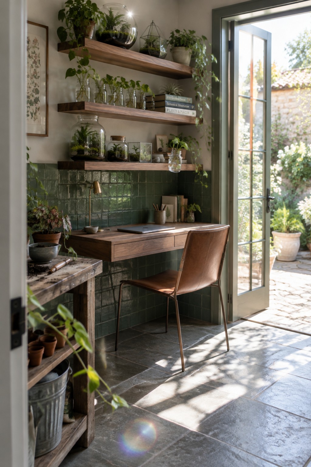 A wooden desk with a brown leather chair sits below floating wooden shelves holding potted plants, books, and glass terrariums, set against green tile with an open door to a garden.