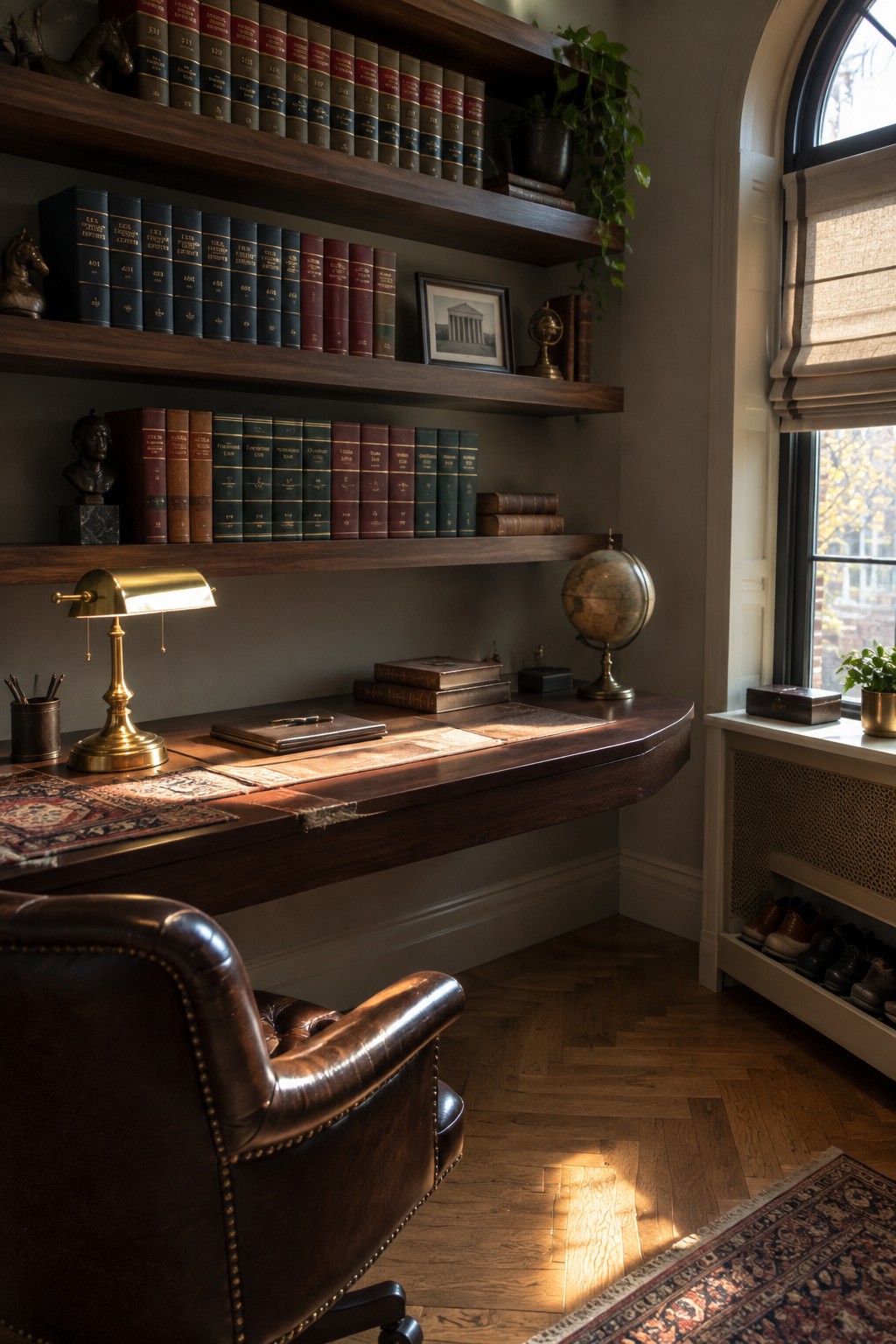 Sunlit wooden desk with brass lamp, leather chair, globe, and bookshelves