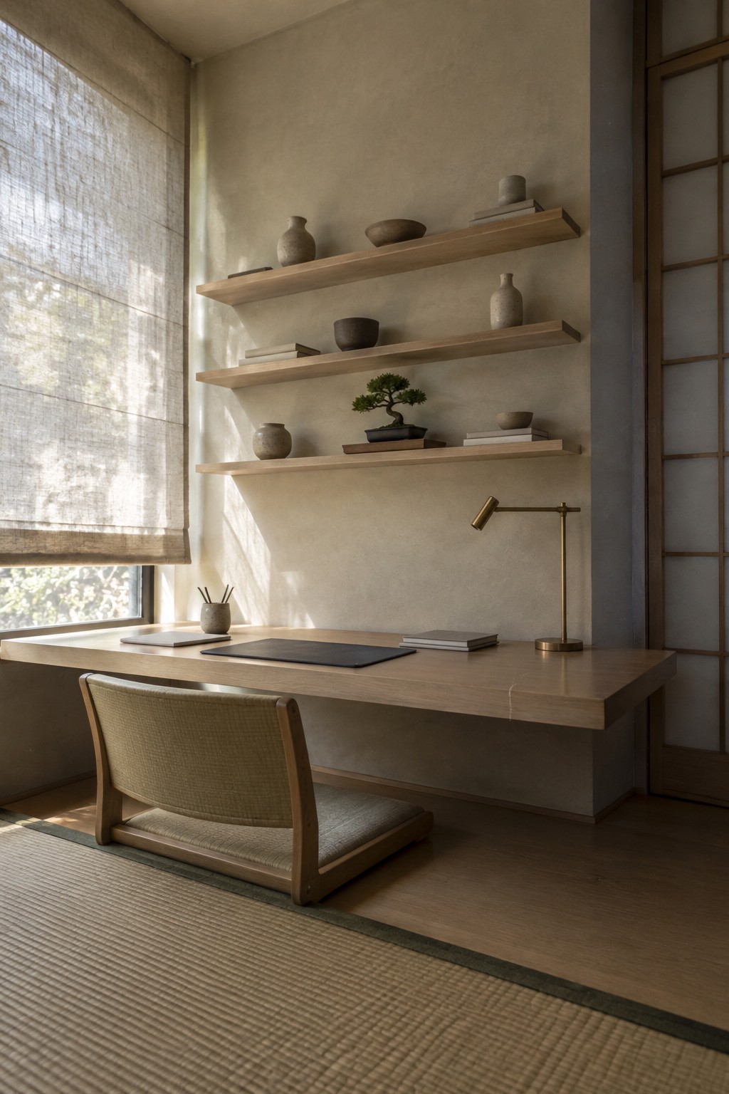 A minimalist home office with a floating light wood desk, three floating wood shelves holding ceramics, books, and a bonsai, a low cushioned chair on tatami mats, and a brass desk lamp.