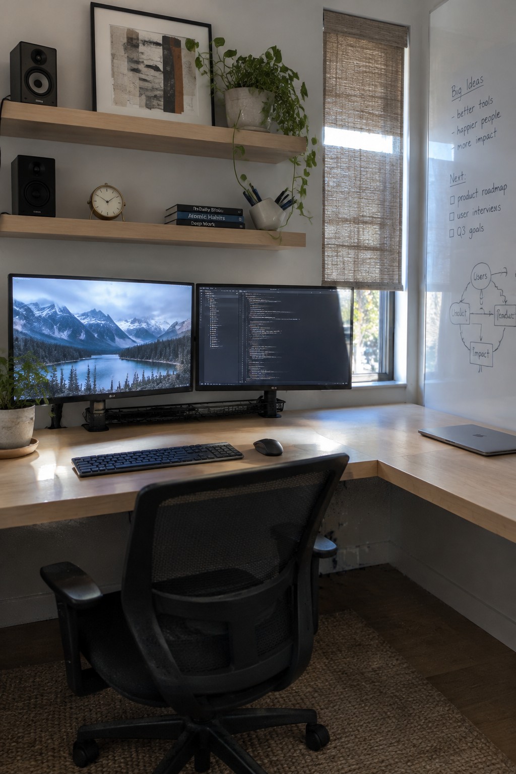 A home office with a wooden desk holding two monitors, a keyboard, and mouse, plus light wood floating shelves above displaying books, a clock, speakers, and potted plants.