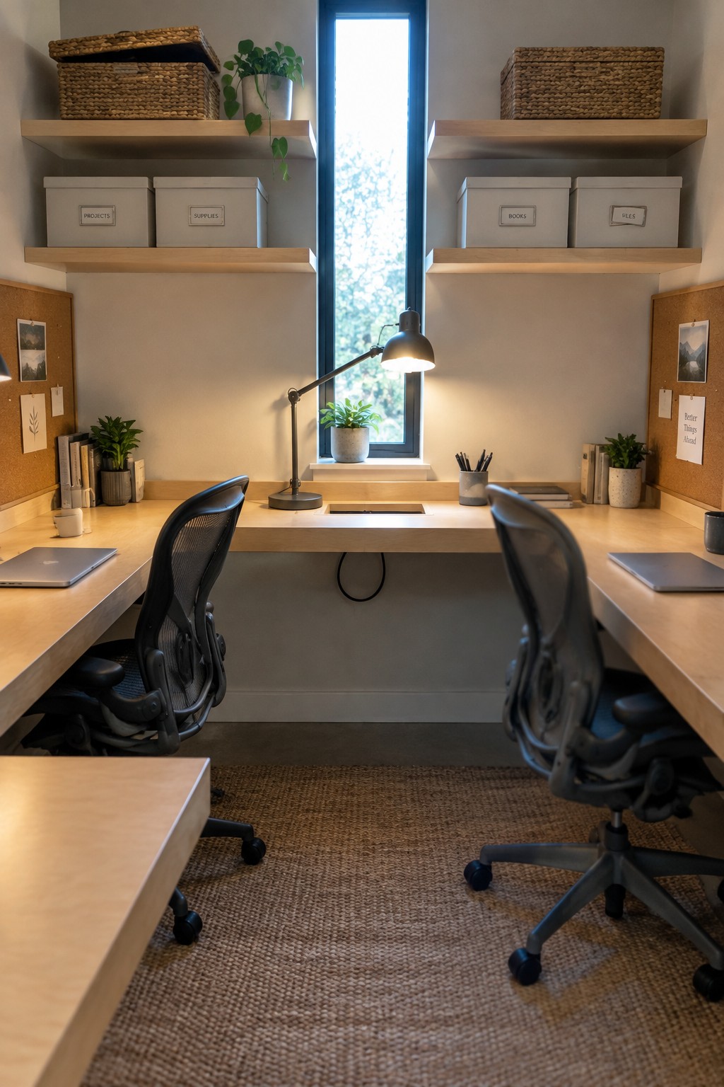 A home office with two facing desks beneath light wood floating shelves that hold labeled storage boxes, woven baskets, and small plants, with a tall window centered between them.
