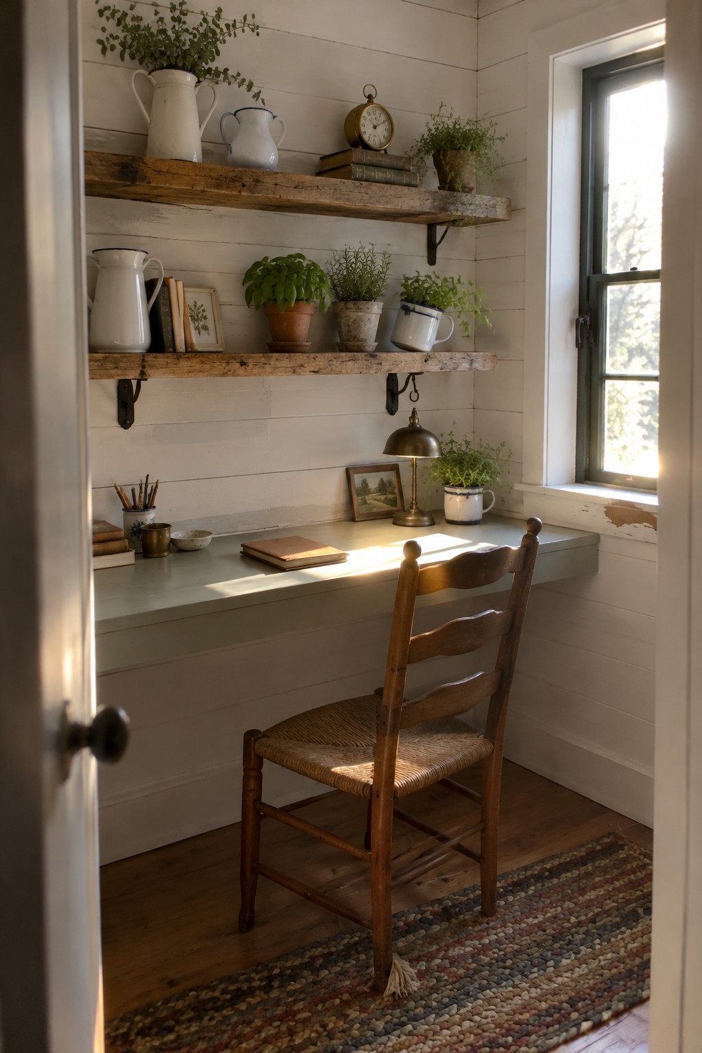 A home office corner with a light green floating desk, a wooden chair on a striped rug, and two rustic wooden floating shelves above holding white enamel pitchers, books, potted plants, and a small clock, next to a window.