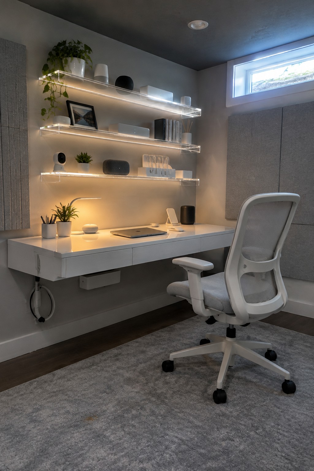 A modern home office with a white floating desk and three levels of illuminated acrylic floating shelves above it, plus a white mesh office chair on gray carpet.
