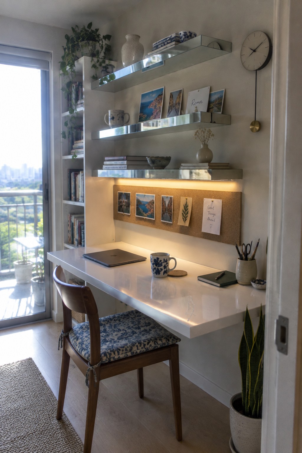 A home office with a white floating desk, wooden chair with patterned cushion, and three tiers of metal floating shelves above holding books, photos, and small decor, with warm LED lighting under the middle shelf and a corkboard below.