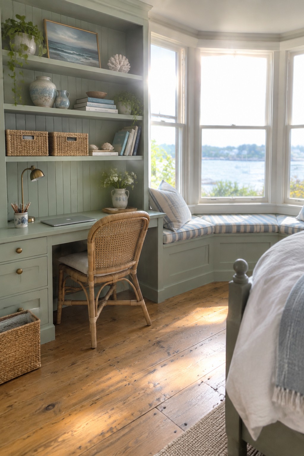 Sage green built-in desk with wicker chair beside sunlit bay window and striped seat cushion
