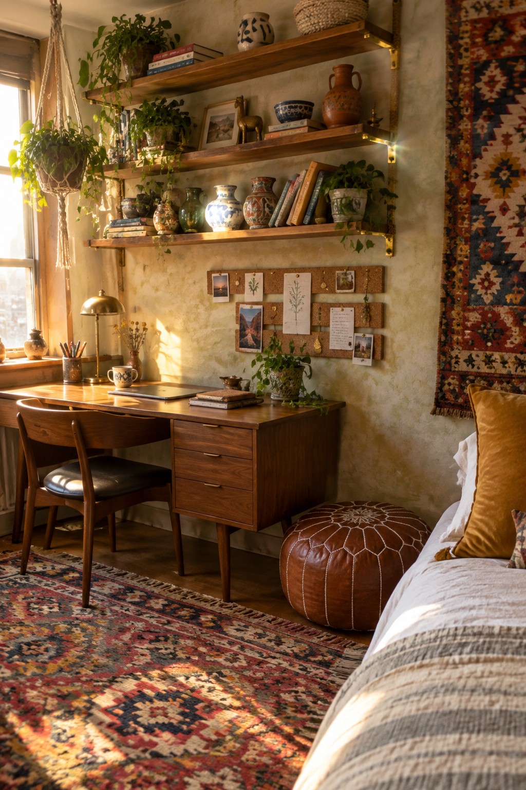 A wooden desk with two overhead shelves holding books, vases, and plants sits beside a bed in a bedroom with a patterned rug and corkboard on the wall.