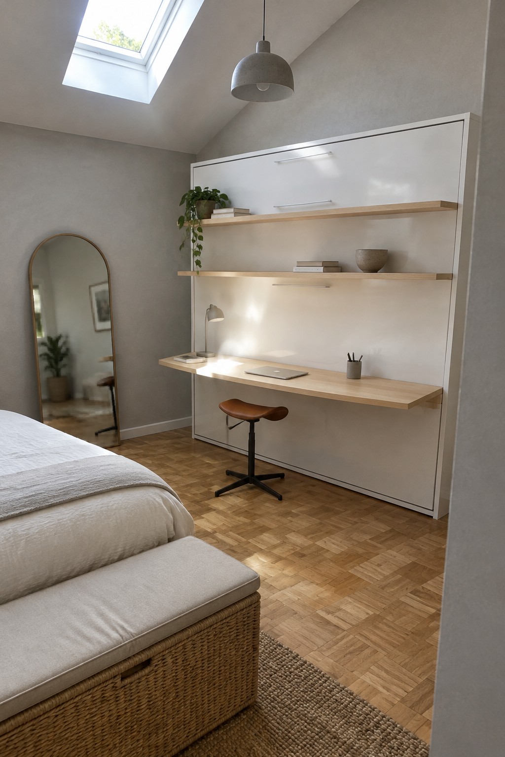 A bedroom with a wall-mounted light wood desk beneath white overhead cabinets and two floating wooden shelves, a brown leather stool, and a skylight in the sloped ceiling.