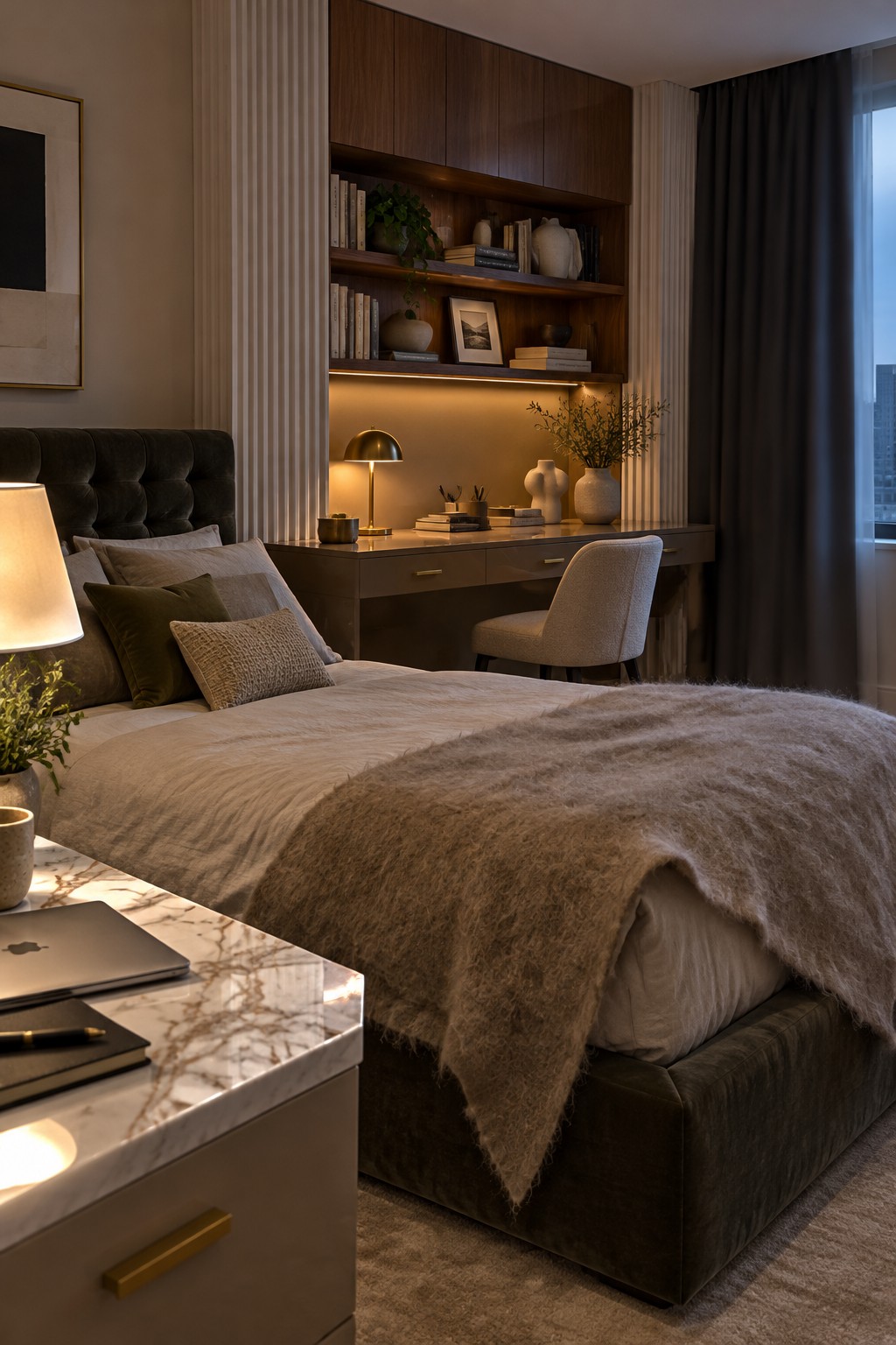 A bedroom interior showing a large upholstered bed beside a built-in desk with overhead wooden shelving holding books and vases, lit by a small desk lamp.