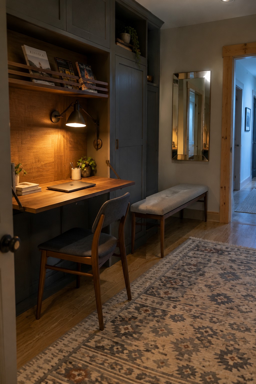 A built-in wooden desk with overhead shelving holding magazines, a laptop on the desk surface, and a gray upholstered chair pulled up to it.