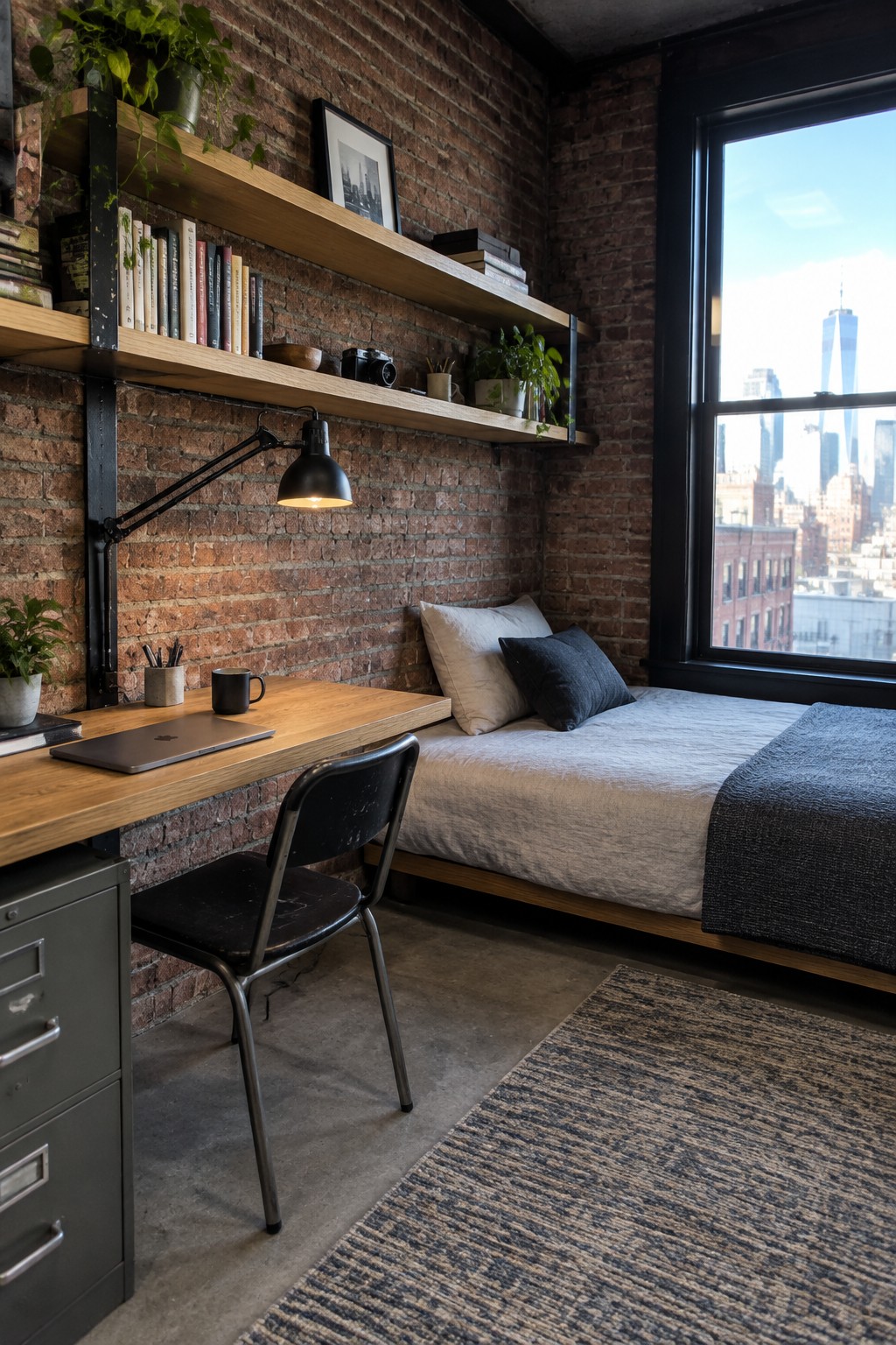 A compact bedroom office with a wooden desk positioned under wall-mounted shelves against a brick wall, next to a bed and a large window overlooking a city skyline.