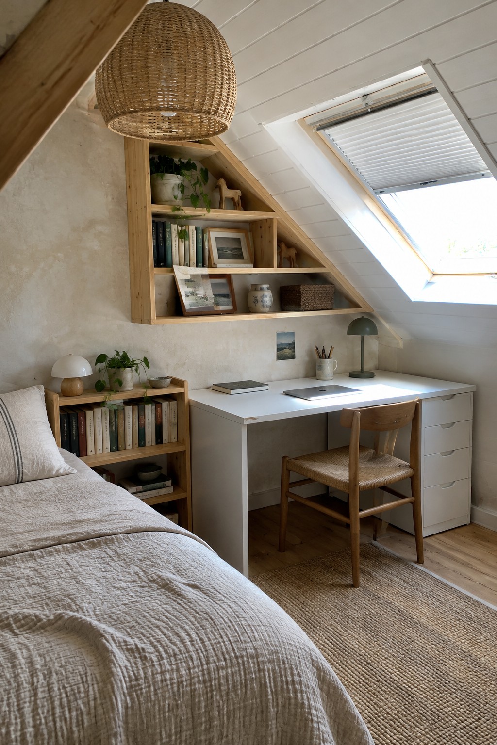 Cozy attic workspace with white desk, wooden chair, bookshelves, and skylight.