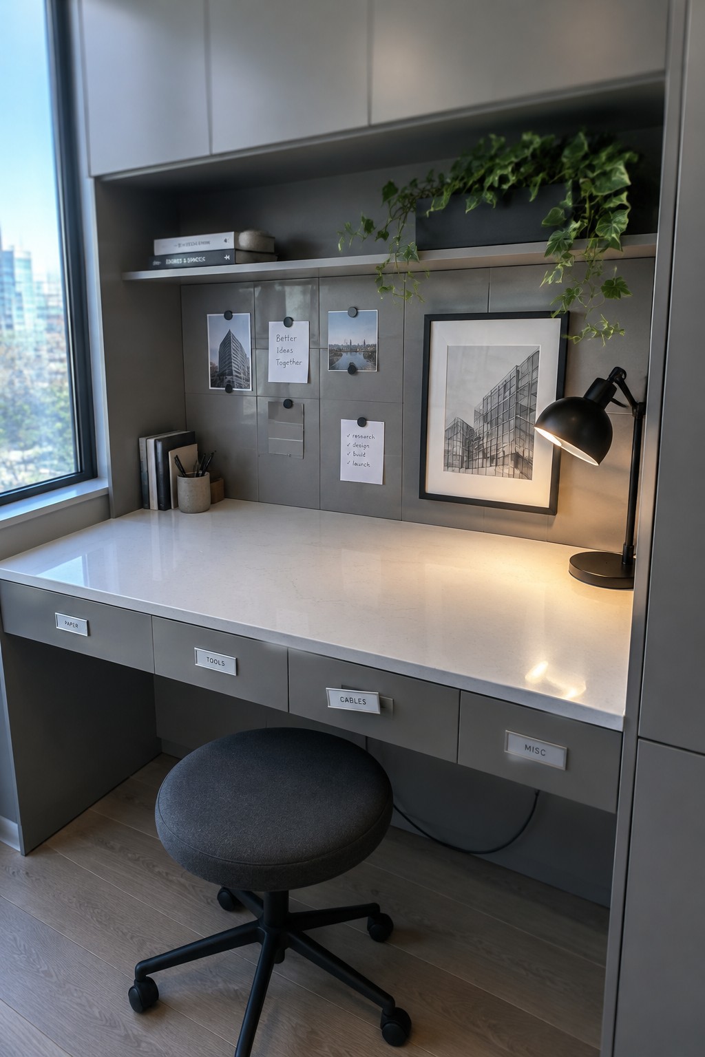 A compact home office with a white desk, gray built-in drawers, a round gray stool, and a gray wall with pinned photos, notes, and a framed architectural print.