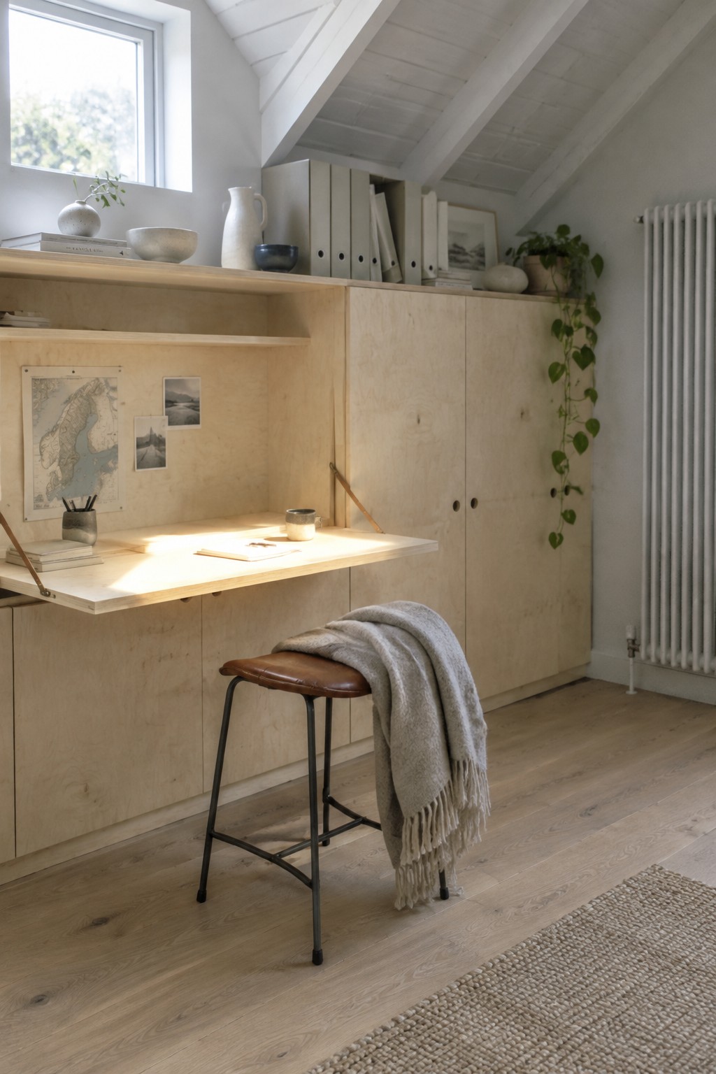 A light wood built-in cabinet unit in an attic room with a fold-down desk surface holding a notebook and cup, a metal stool with a blanket draped over it, and open shelves above with books and vases.
