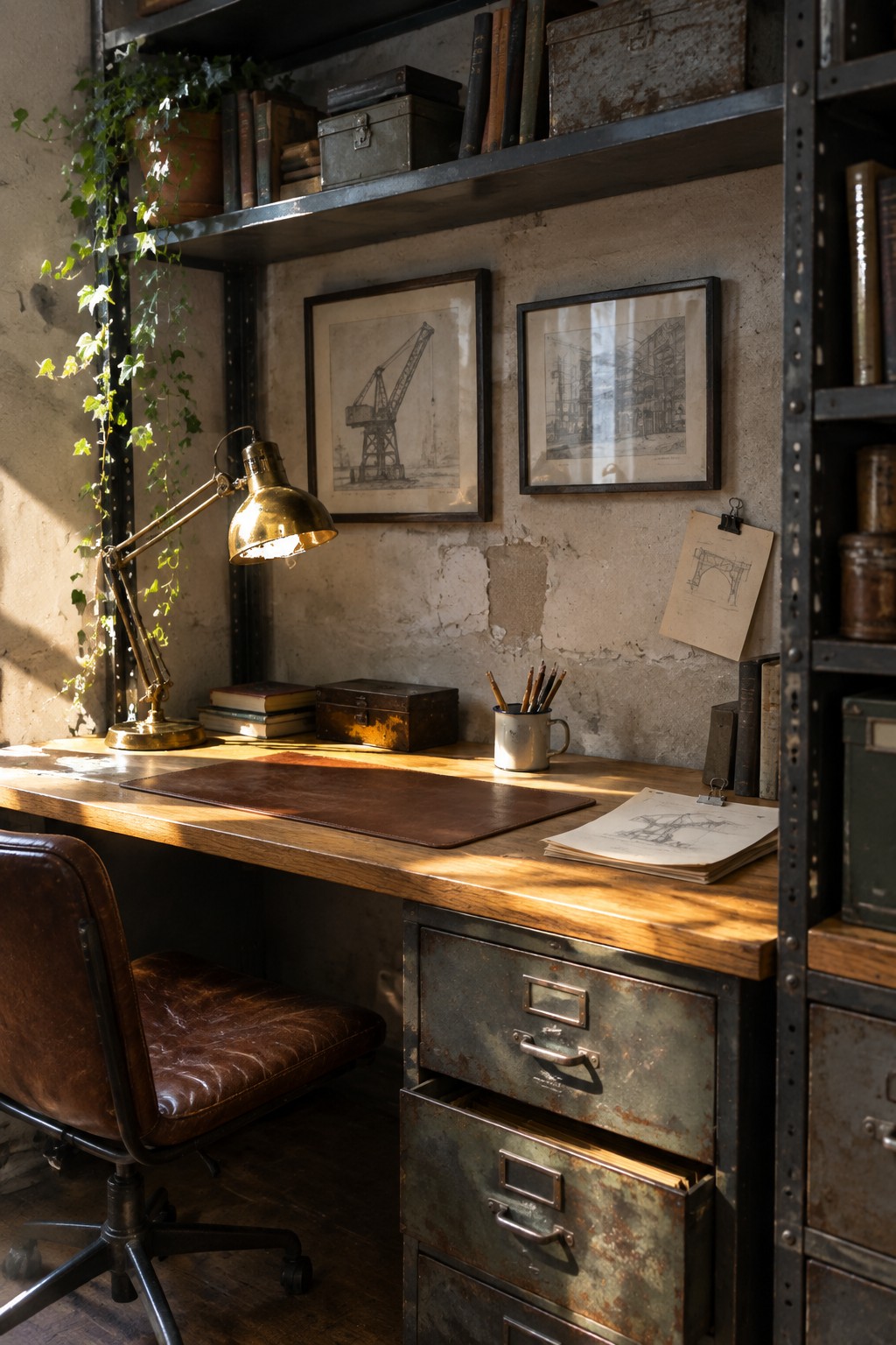 A wooden desk supported by weathered metal filing cabinets with multiple drawers, positioned against a textured wall with industrial shelving above holding books and framed drawings.