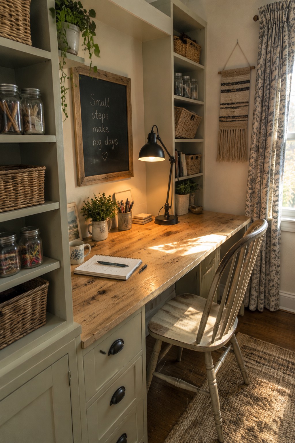 A wooden desk is built into a light green cabinet unit with open shelves holding baskets, glass jars, and a chalkboard, next to a wooden chair on a rug.