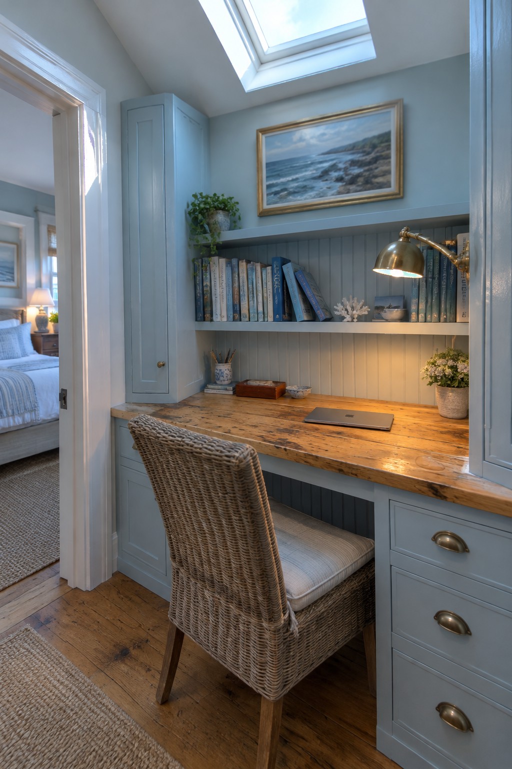 A compact wooden desk built into light blue cabinetry with upper shelves holding books, a laptop on the desk surface, and a woven chair in front.